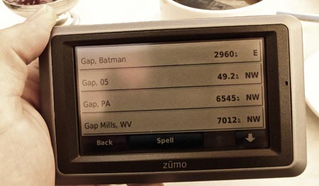 Screen shot of Garmin Zūmo 660 pointing to Gap, Batman