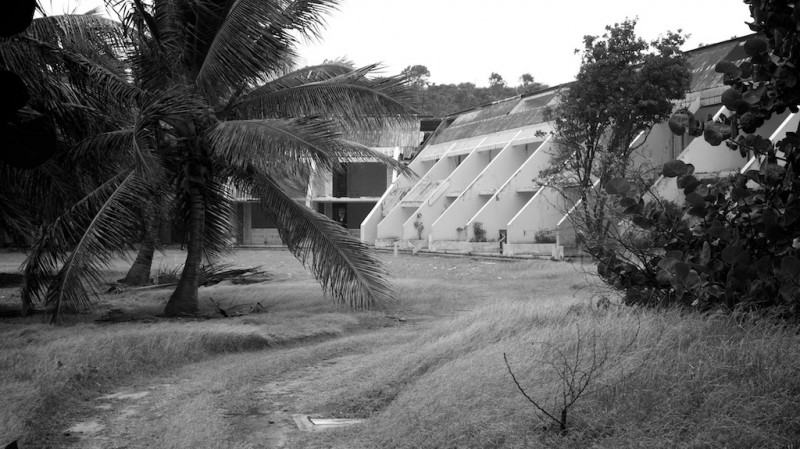 A block of ruined apartments overlooks a grassy courtyard with palm tree