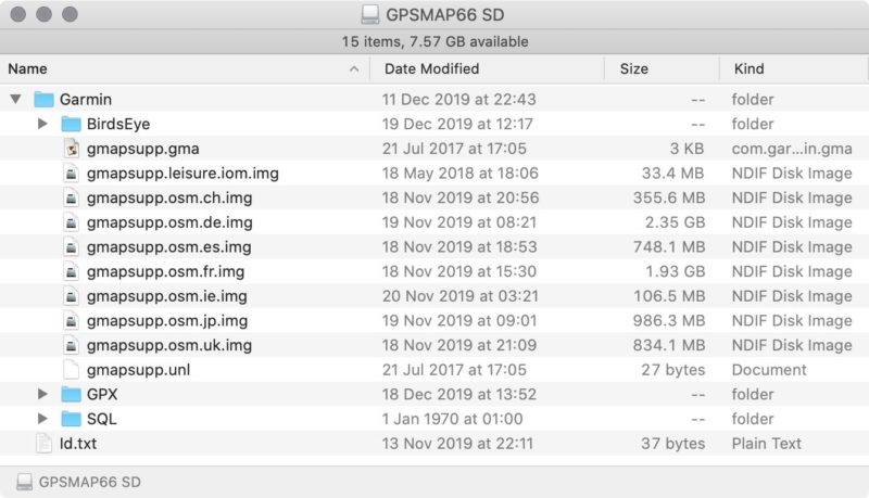 Screen-grab of MacOS Finder showing contents of Garmin SD card